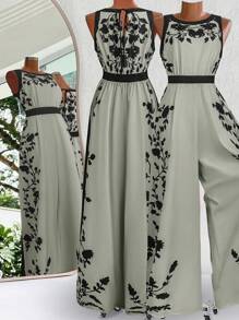 SHEIN Clasi Jumpsuit Motif Bunga Ukuran Besar, Pakaian Santai untuk Liburan - Mint Green - View 6