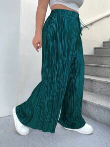 SHEIN EZwear Plus Size Solid Color Pocketed Twist Loose Wide Leg Pants Plus Size Pleated Pants - Teal Blue - View 5