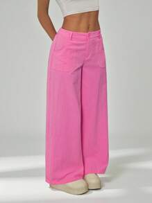 SHEIN PETITE Pantalones casuales y versátiles de unicolor, de pierna ancha y sueltos con bolsillos para mujer - Rosa Fucsia - Ver 5
