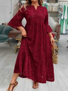 SHEIN LUNE 加大码连衣裙情人节红色连衣裙女士长裙夏季连衣裙夏季波西米亚风复古款 - 酒紅色 - 查看 4