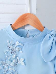 Vestido elegante para niñas con decoración de lazo y bolso a juego, vestido estilo línea A de tul con parches de flores, manga abullonada y gran lazo con lentejuelas