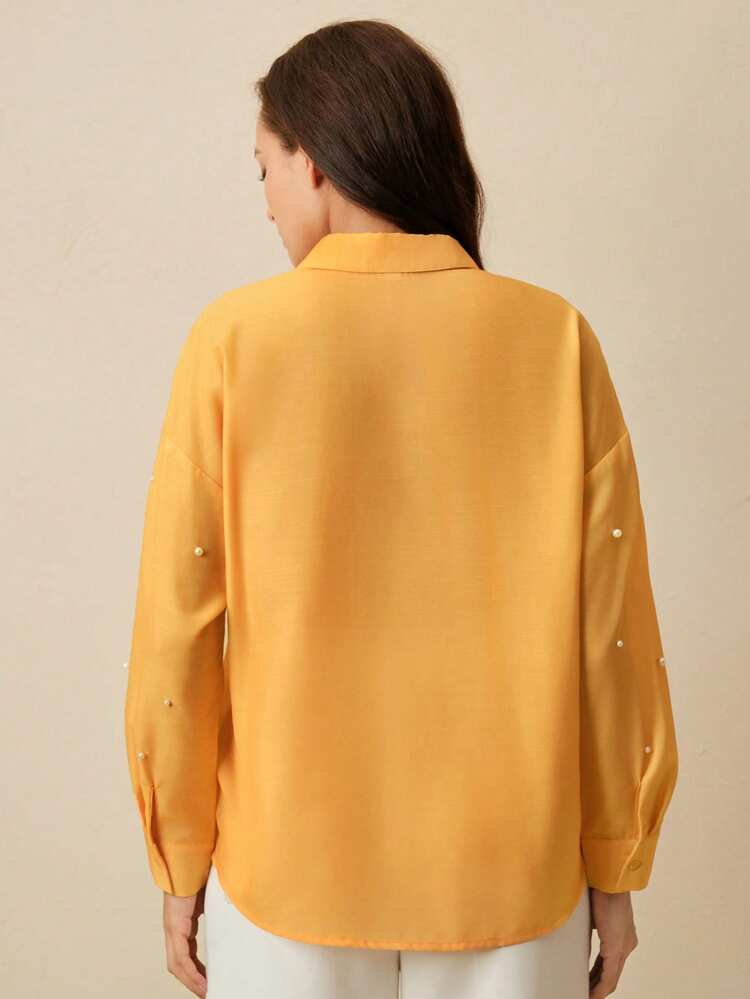 Embellished Bubble Bead Floral Print Loose Casual Shirt For Women, Fashion