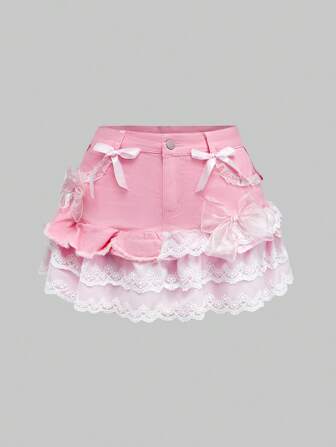 Kawaii Plus Size Sweet Lace Trim & Bow Embellished Denim Mini Skirt