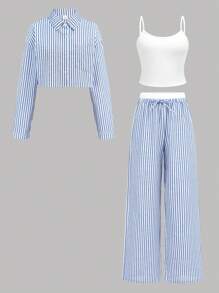 SHEIN Teen Girl Comfortable Simple Loose Contrast Elastic Waist Stripe Printed Wide-Leg Pants Solid White Cami Blue Stripe Cropped Long Sleeve Shirt 3 Pieces Set