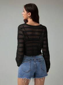 SHEIN Tall Women Solid Color V-Neck Lace-Up Hollow Out Casual Long Sleeve Knitted Sweater - Black - View 2