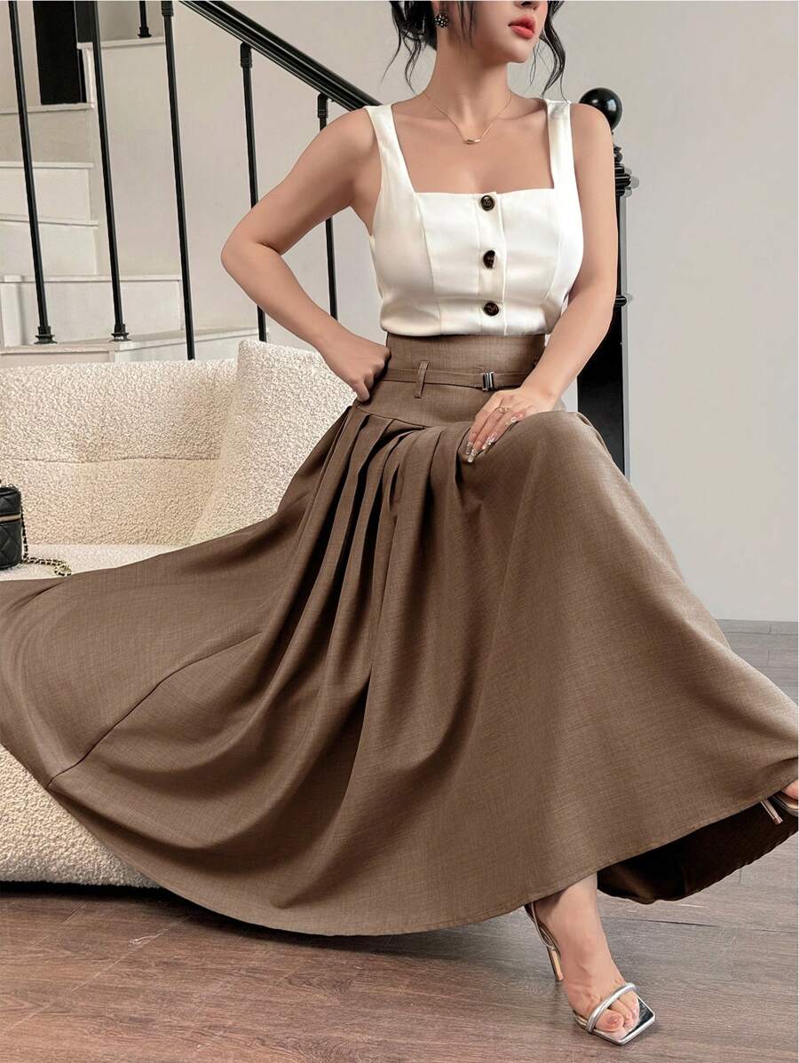 Modelyn 女士优雅纯色百褶A字裙，适合通勤 - 棕色 - 查看 1