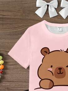 SHEIN Set de 2 piezas de camiseta y pantalones cortos con estampado de corazón y huella de pata, conjunto informal de verano para niña joven - Multicolor - Ver 5