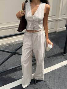 SHEIN Frenchy 2件套女士休闲条纹印花V领无袖上衣和长裤套装 - 杏色 - 查看 11