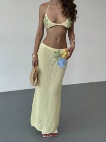 Aloruh 2pcs Women Sexy 3D Floral Halter Knitted Sweater Top And Knitted Skirt Set - Multicolor - View 3