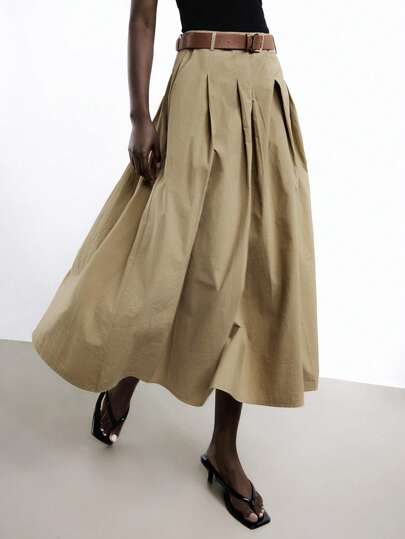 Maija 2025夏季新款卡其色褶裥喇叭裙，侧边口袋设计，配可拆卸PU皮革金属腰带，女士半身裙，时尚优雅，适合派对和都市通勤。