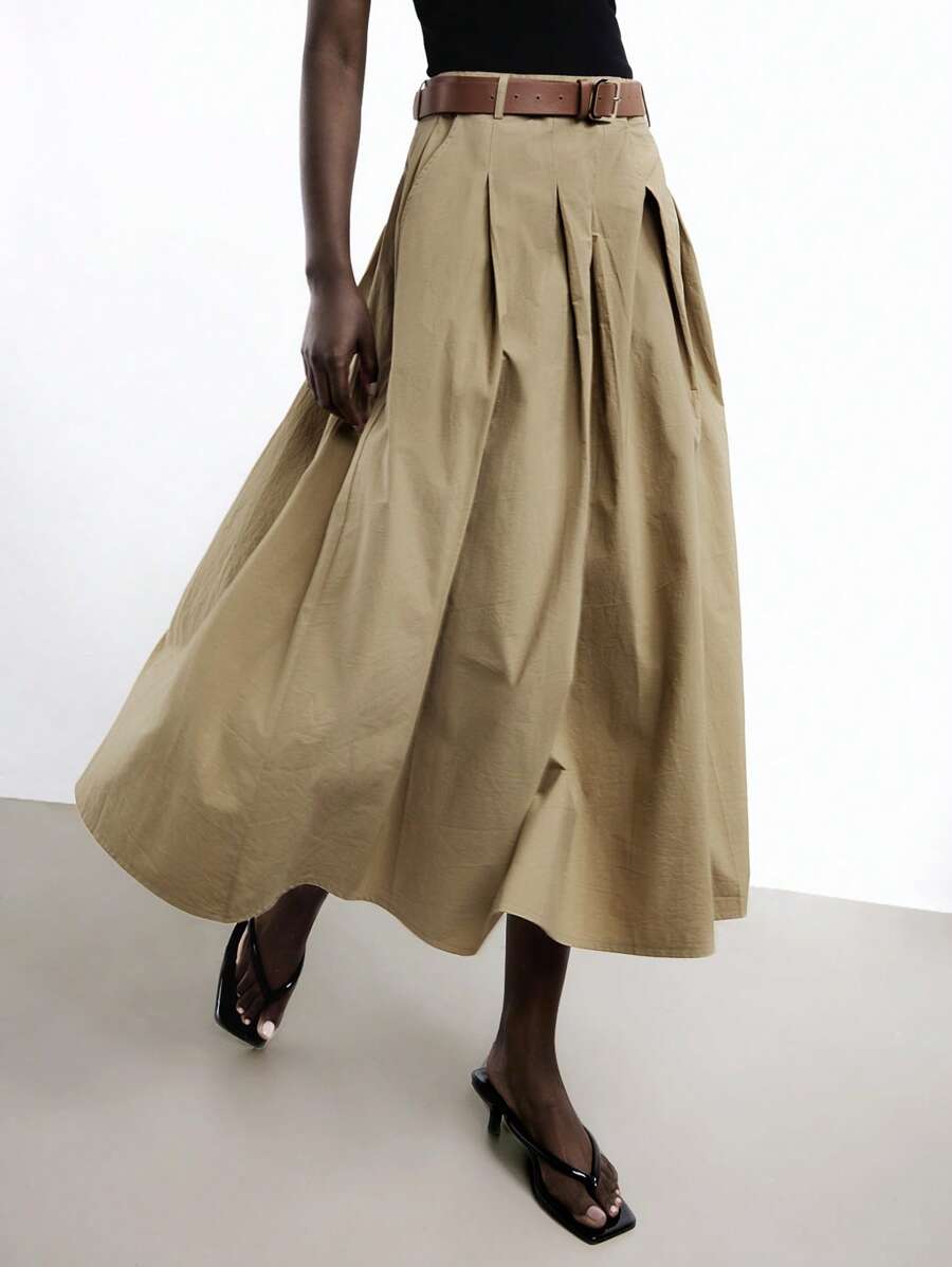 Maija 2025夏季新款卡其色褶裥喇叭裙，侧边口袋设计，配可拆卸PU皮革金属腰带，女士半身裙，时尚优雅，适合派对和都市通勤。 - 卡其色 - 查看 1