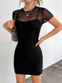 SHEIN EZwear 木耳邊網紗緊身連衣裙和素色吊帶連衣裙 - 黑色 - 查看 4