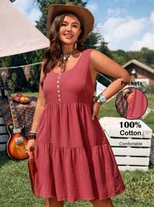 EMERY ROSE Vestido rojo corto de verano sin mangas de cuello redondo para mujer talla grande - Color caoba - Ver 6