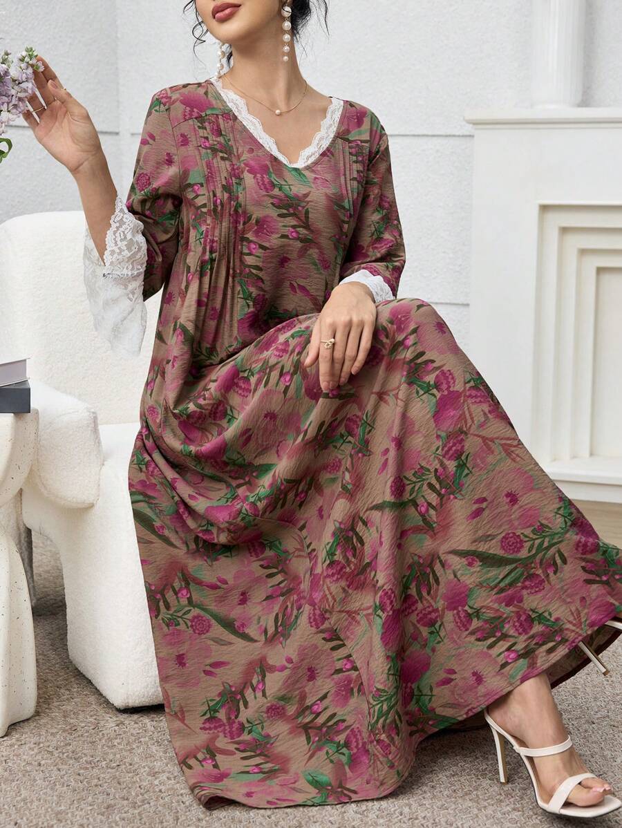 SHEIN Najma Al Najma 女士花卉印花蕾丝拼布长袍，阿拉伯风格，夏季穿着 - 彩色 - 查看 1