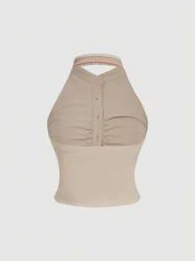 SHEIN MOD Plus Size 2 Pieces Set:Beige,Summer,1950s Vintage,Vacation,Holiday Collared Vest&Ruffle Hem Skirt,Waist-Hugging Top,Folk Printed A-Line Nomadic Suit - Khaki - View 7