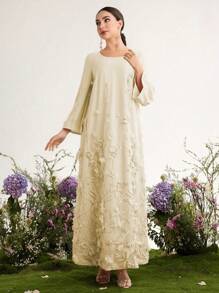 Al Najma Premium Customized 3D Embroidered Romantic Elegant Luxury Dress For Women - Yellow - View 3
