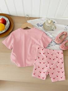 女宝宝休闲简约圆领宽松短袖T恤+紧身自行车短裤两件套，适合春夏季