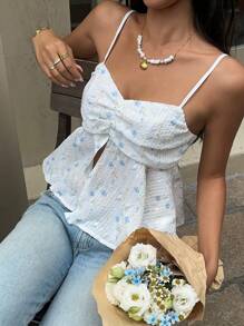 SHEIN Frenchy Solid Color & Blue-White Floral Pleated Camisole Top,  Wrap Chest Shrink Ruffle Camisole Top,Embroidered Striped Undershirt,Ruffle Hem Camisole,Romantic And Elegant,Allover Floral Print + Striped Embroidered Crepe Fabric,Elasticized Back,For Holiday And Everyday Wear Summer - Blue and White - View 6