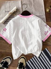 SHEIN Tween Girl Cute Bright Pink Ballet Bow Stripe Letter Graphic Oversized Loose Short Sleeve T-Shirt, Casual Summer Vacation Chill - Multicolor - View 2