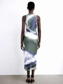 Maija Women's Grey Summer Chic Vacation Dress, 2025 Autumn Green Asymmetrical Tie Dye Print Ruched Mesh Fabric, Modern Elegant Y2K Vintage Wedding Guest Dress - Multicolor - View 3