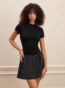SHEIN MOD Black Small Polka Dot Patchwork Elegant Midi Dress - Black - View 5