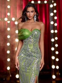 Glamrae Đầm đuôi cá xẻ tà gợi cảm hở vai, xẻ tà sang trọng, thêu thủ công, đính sequin màu xanh lá cây, sang trọng, thanh lịch, phù hợp cho các buổi hẹn hò, tiệc độc thân, tụ họp, dịp trang trọng, tiệc chiêu đãi - màu xanh lá - Xem 1