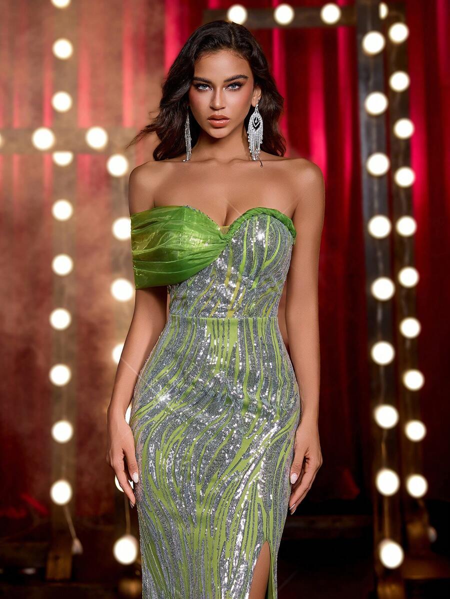 Glamrae Đầm đuôi cá xẻ tà gợi cảm hở vai, xẻ tà sang trọng, thêu thủ công, đính sequin màu xanh lá cây, sang trọng, thanh lịch, phù hợp cho các buổi hẹn hò, tiệc độc thân, tụ họp, dịp trang trọng, tiệc chiêu đãi - màu xanh lá - Xem 1