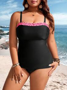 Swim Lushoire Set di tankini in taglie forti con stampa leopardata e bretelle per le donne