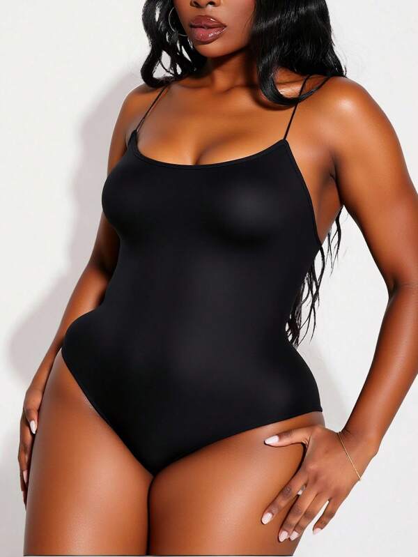 SHEIN SXY Body sexy negru, fără spate, pentru femei, mărime mare, potrivit pentru stradă, casual, sexy, călătorii zilnice, cumpărături, întâlniri, cool, confortabil de purtat, ușor de asortat și arată supl, îți accentuează corpul, flatează silueta