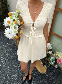 SHEIN LUNE Front-Tie Bowknot Puff Sleeve Bell Sleeve Frill Trim A-Line Casual Vacation Elegant Short Dress, For Women, Spring/Summer - Apricot - View 5