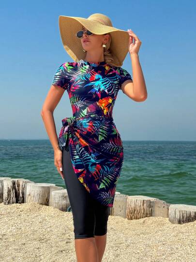 Swim Mulvari 中东浪漫假期彩色花卉印花短袖和七分裤女士三件套布基尼套装