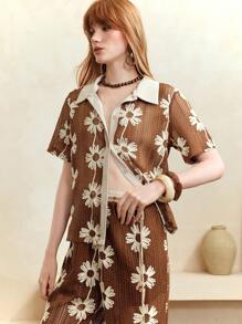 SHEIN Camicia elegante da donna con bottoni, a maniche corte, con blocchi di colore, decorata con ricami floreali 3D, adatta per l'ufficio, estiva, carina, per uscire - Cachi - Visualizzare 7