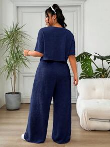 Solflare Bộ 2 món áo thun tay ngắn màu xanh navy cỡ lớn và quần dài cạp rút thường ngày - Màu xanh hải quân - Xem 2