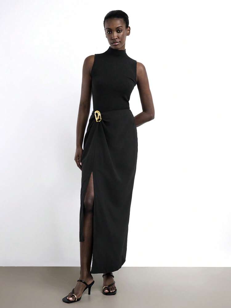 SHEIN Maija 2025 Autumn/Winter New Black Metal Buckle Decor Slit Hem Side Zipper Women's Skirt, Y2K Style, Elegant Romantic Casual Office Commute Suitable For Wedding Guest, Work, Airport, Beach, Concert, Party, Independence Day, Date, Back To School, Y2K Fashion