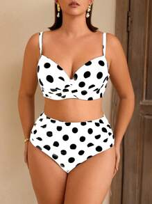 Swim Chiccia Plus Size Women New 2-Piece Printed Swimwear, Elegant Front Criss-Cross Push-Up Padded Bra, Adjustable Straps, Butterfly Back Tie, High-Waisted Pleated Front Shorts, Casual Beach Vacation Swimwear For Summer - White - View 3