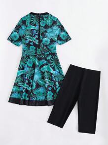 Swim Shayni 2 pezzi/Set Nuovo Abito bohémien da spiaggia senza maniche con motivo floreale tropicale e set di costumi da bagno burkini neri per donne, adatti per la primavera/estate