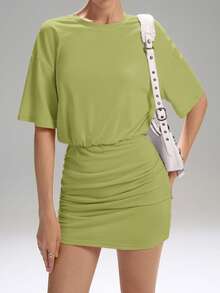 LYSMO 2025 New Arrival Women's Solid Color Round Neck Short Sleeve Fitted Short Mini Dress - Lime Green - View 3