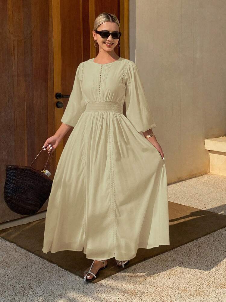 Long Sleeve Solid Color Waist Splice Lace Trim Casual Elegant Fall Maxi Dress For Women