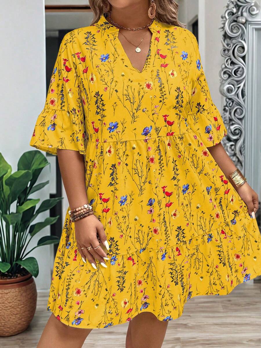 EMERY ROSE Plus Size Women Branch & Floral Print V-Neck Ruffled Hem Loose Shift Dress For Summer - Yellow - View 1