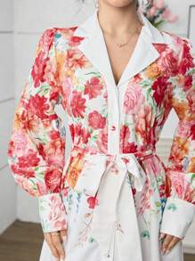 SHEIN Najma Elegant Placement Floral V-Neck Button Up Young Fashion Women Dress - Multicolor - View 7