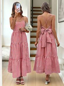 SHEIN LUNE Váy hai dây buộc nơ giản dị, Đầm xuân/hè hè dành cho nữ - Đỏ và trắng - Xem 2