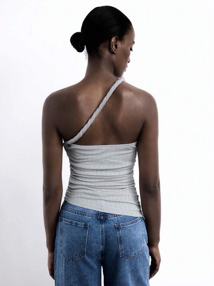 SHEIN Maija 2025 Herbst/Winter Neu Graues asymmetrisches geschnittenes asymmetrisches verdrehtes Seil Schulter freiliegendes Strickoberteil, modern elegant urbaner romantischer raffinierter Y2K Countryfestival Vintage koreanischer Flughafen Reise Straße Hochzeitsgast Geburtstag Halloween Business Lässig Büro Date Party Ausflug Flughafen Rückkehr zur Schule Herbst/Winter Frauen