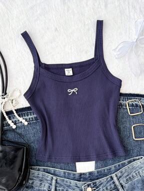 Teen Girl Grey Knitted Bow Embroidered Camisole Mini Sweet Casual Vest, Spring And Summer, Basic, Daily, Versatile, Back To School Season, Cotton Cute Teen Summer Top Tween Summer Clothes Navy Blue Tank Top Ribbed Tank Top Teen Girl Summer Top Cute Teen Top