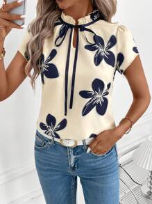 SHEIN Clasi Áo sơ mi nữ mùa hè thanh lịch với viền bèo nhún, họa tiết hoa phối màu tương phản, thích hợp mặc hàng ngày, đi làm và nhiều dịp khác nhau, dành cho giáo viên nữ theo phong cách đồng quê. - Nhiều màu - Xem 4