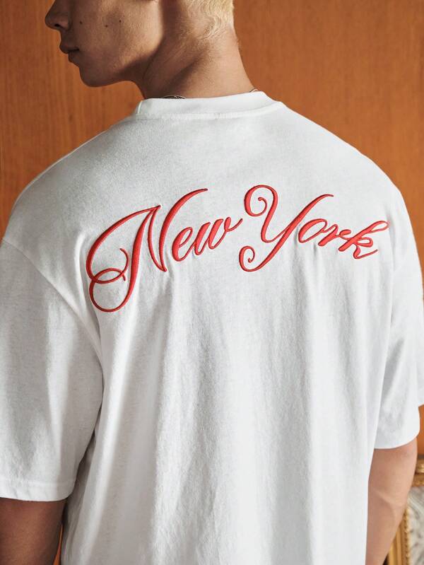 SWAVVY Men's Casual Thin Short Sleeve T-Shirt, White Round Neck With Embroidery Design, Summer