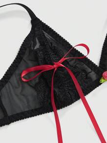 ROMWE Gothic Bowknot Triangle Bra And Thong Sexy Lingerie Set - Black - View 3