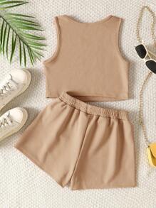 SHEIN Set de 2 piezas con top de punto y shorts holgados para niña preadolescente