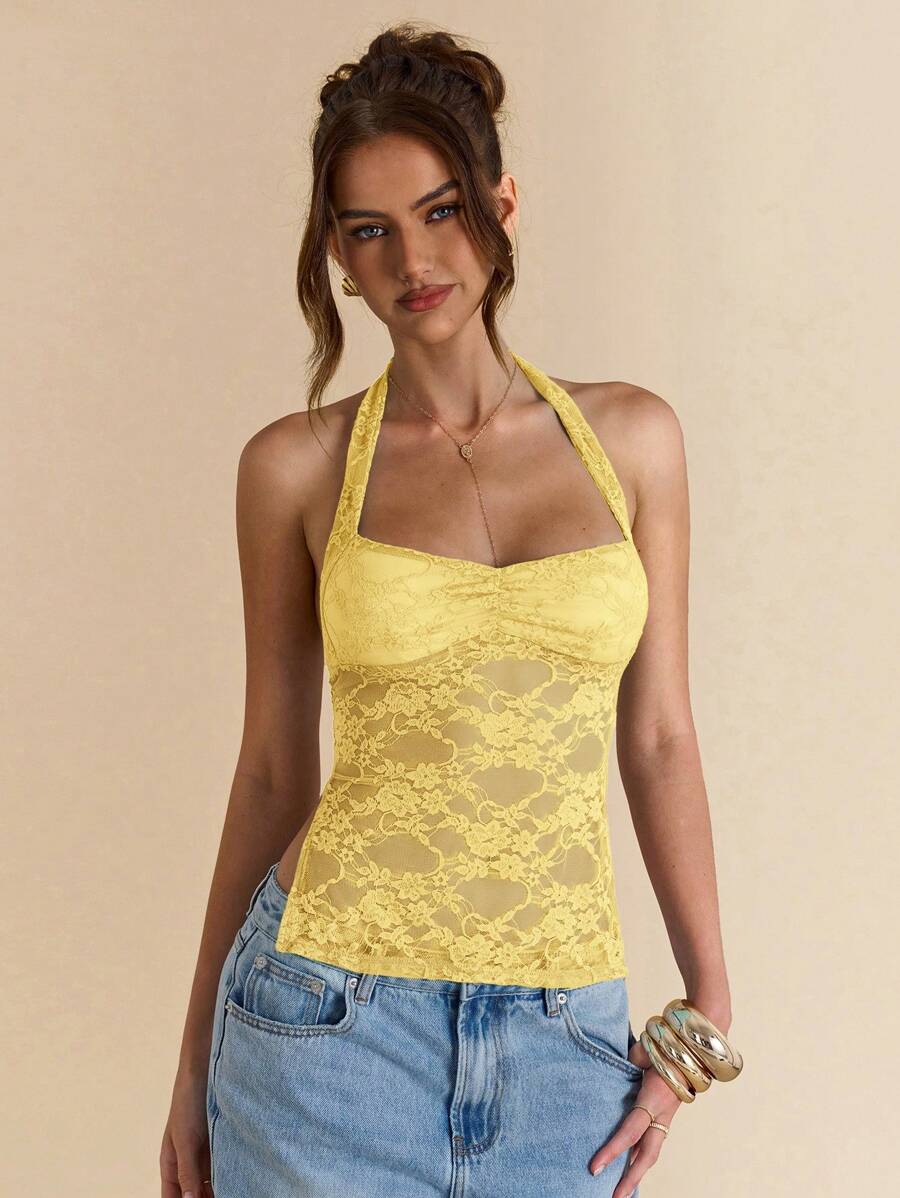 SHEIN BAE 女式纯色蓝色 V 领蕾丝细肩带露背蕾丝上衣，性感可爱蕾丝夏季，波西米亚风露背上衣，音乐会、街头服饰、狂欢 - 黃色 - 查看 1