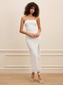 SHEIN MOD Ruffle Trim Slit Elegant Holiday Dress - Apricot - View 4