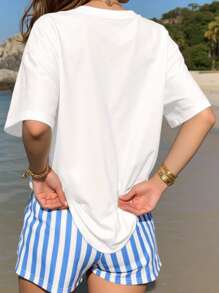 INAWLY 2pcs/Set Women Casual Short Sleeve Top And Striped Drawstring Shorts Outfit - Multicolor - View 2